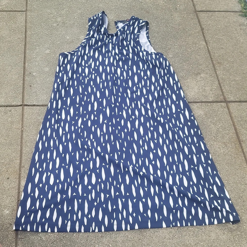TRINA TURK small stretch blue white geometric print a line dress